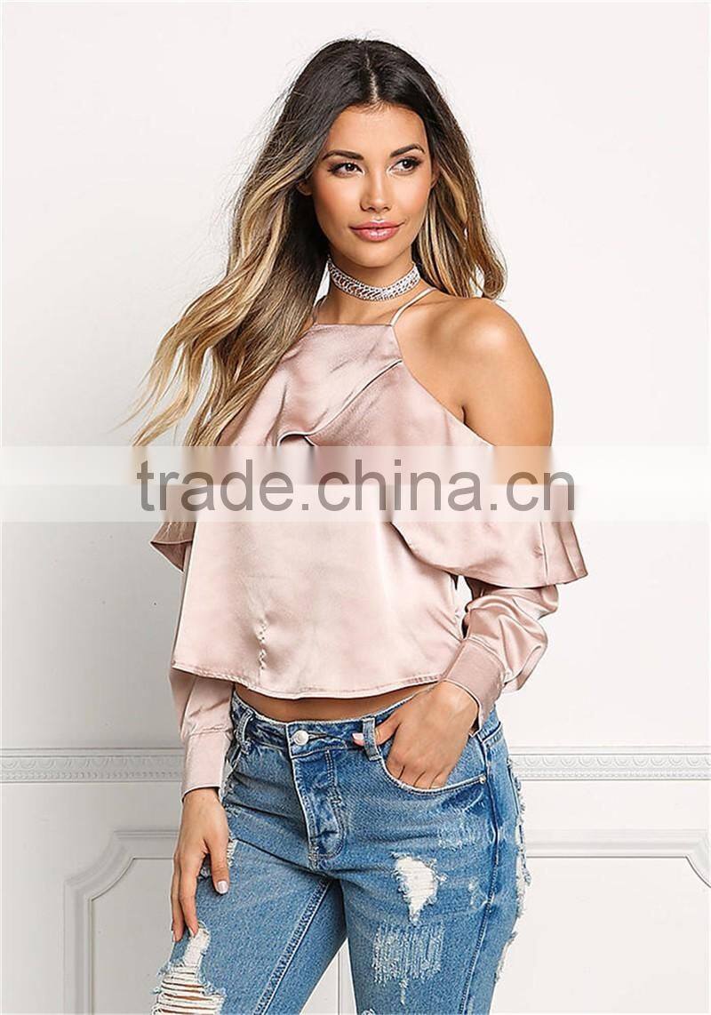 MGOO 2017 Latest Designs Women Satin Blouses Tops Plain Fashion Off Shoulder Crop Custom Ruffles Shirts