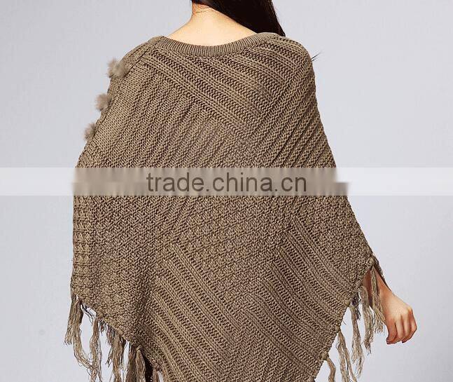 cable knitted ponchos women faux fur poncho rabbit fur ponchos