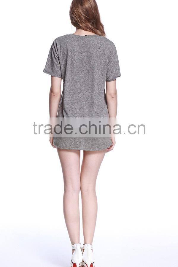 Hot selling women short sleeve t-shirt gray V Neck letters print loose T Shirt