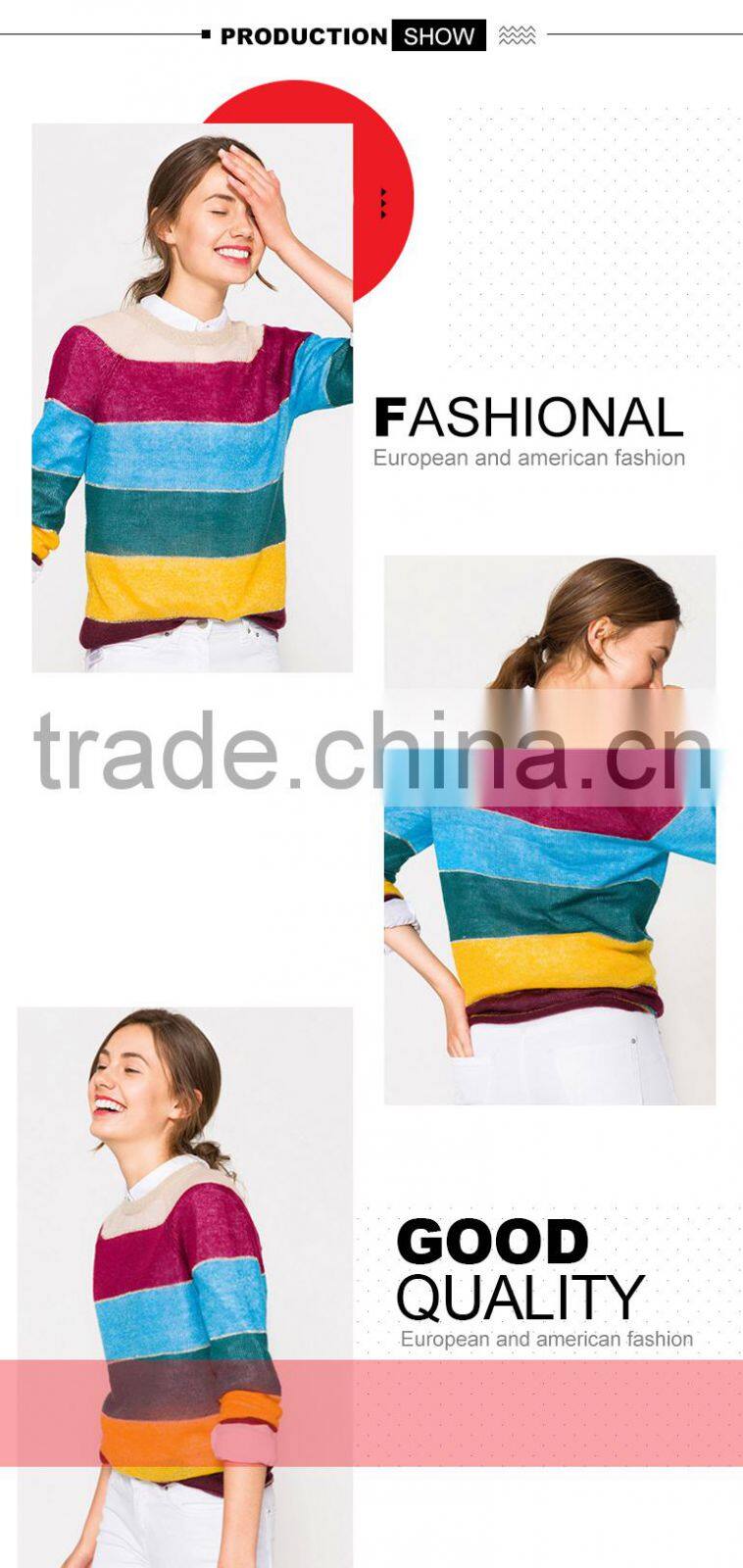 Hot selling rainbow colorful striped pattern cashmere sweater designs for women