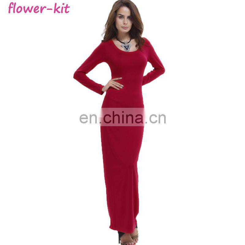 Women Long Sleeve Skinny Scoop Neck Slim Pencil Dresses Formal Elegant Bodycon Maxi Dress