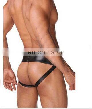 Men Sexy Trunks Thongs Beachwear Open Butt Underwear G-strings T-back Boxers Briefs Faux PU Leather Jockstrap Underpants Black