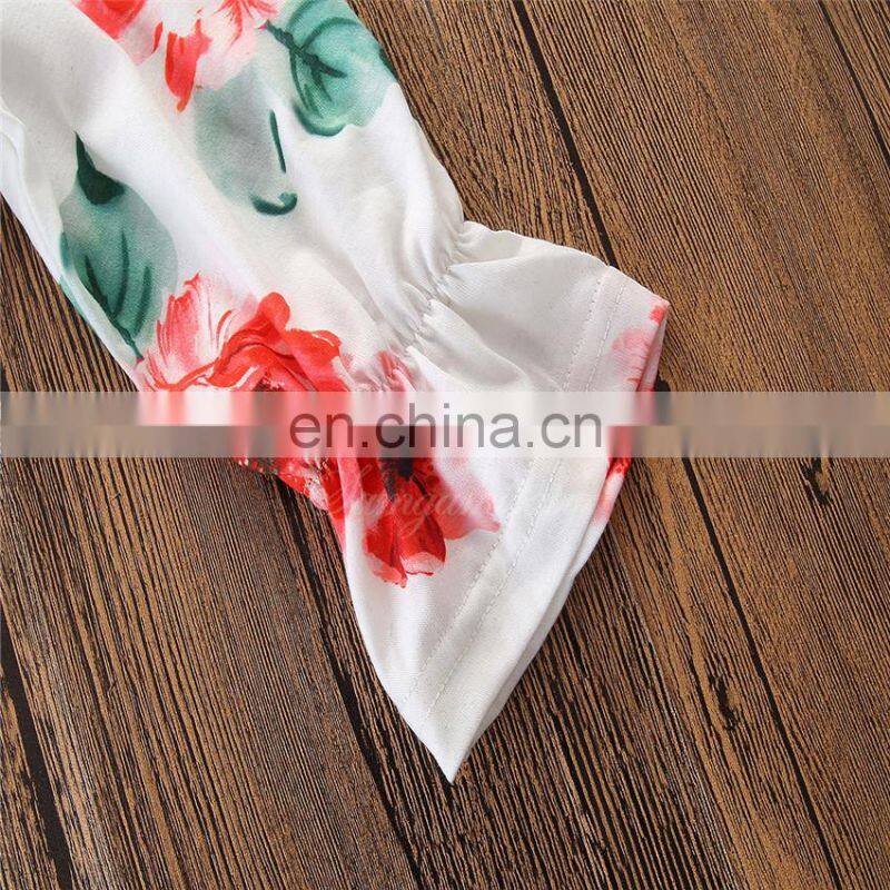 Girl Summer 2PCS Outfit Kids off shoulder flower print tops & broken-hole jeans set