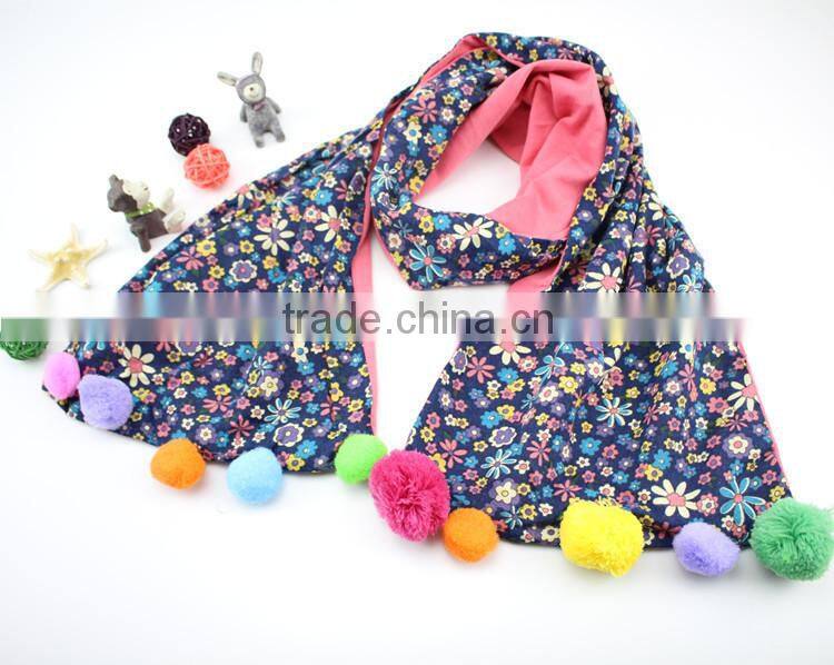 Good Quality Cute Sweet Small Floral Print Colorful Pom Pom Balls Fashion Baby Girls Winter Scarf
