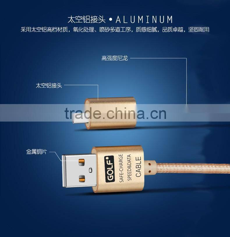 Original GOLF 3M Metal nylon weave Micro USB 2.1A Fast Sync And Charge cable for Android Mobile Phone