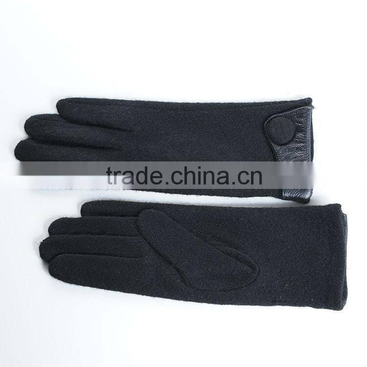 womens unlined classical button woolen gloves with leather cuff