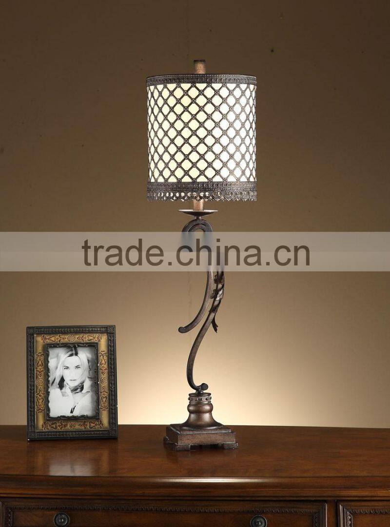 Traditional scroll metal table lamp, openwork metal shade