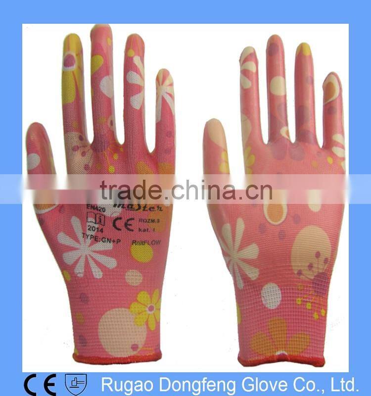 Polyester Printing Transparent Nitrile Coated Gardening Gloves