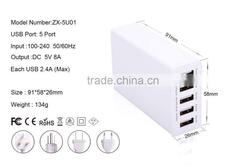 40W Portable 5-PORT USB Phone Charger Travel Charger