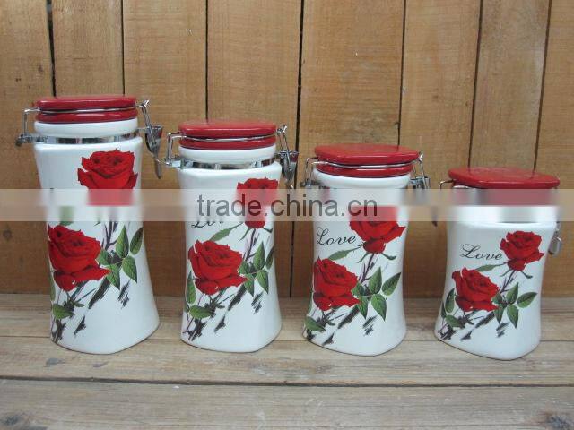 Manufacturer Type Flower Decal Ceramic Canister with Metal Sealing Lid