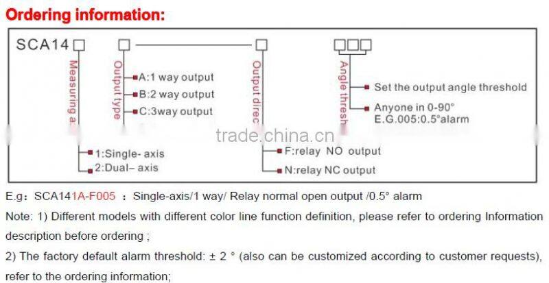 SCA141A Dual-axis 4 directions Tilt Switches Sensor With High Accuracy 0.05deg , Relay Output Quick Response, With Alarm