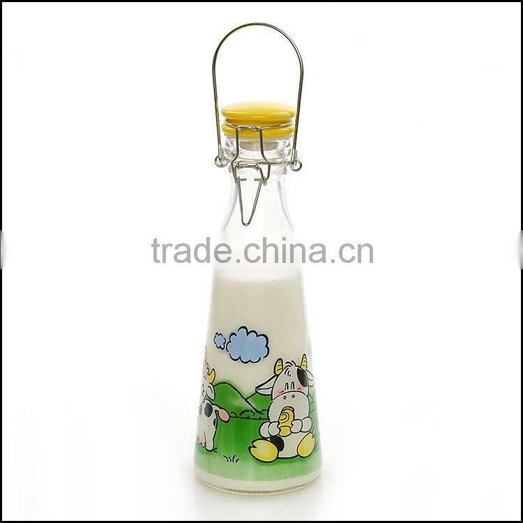 Cute Cow Pattern Glass Milk Bottle With Ceramic Lid