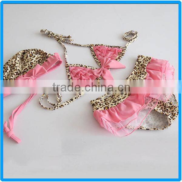 Domi wholesale 2 piece kid's leopard swimwear hot selling kids string bikini with cute skirt and cap
