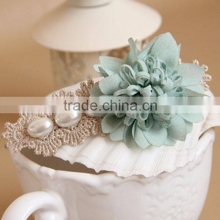 MYLOVE light blue fabric flower hair barrette with pearls for women