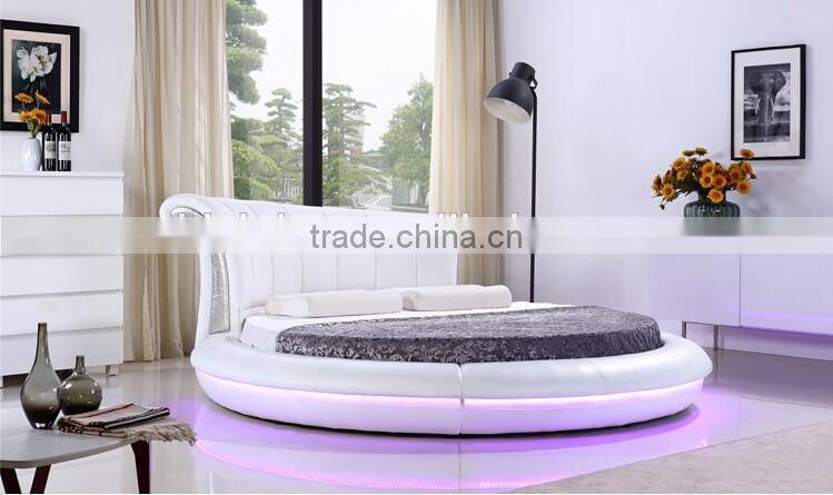 Bisini White Leather LED Round Bed, Luxury LED Round Bed