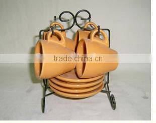 4pcs V shape solid color ceramic coffee mug set with metal rack