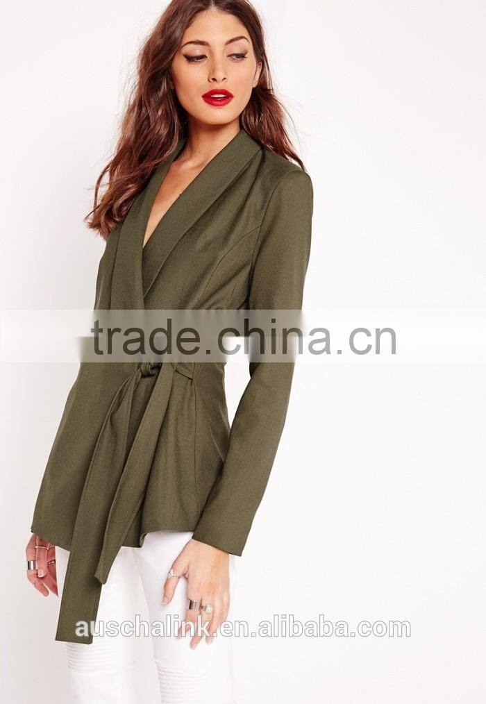 latest lady khaki tie front casual soft blazer elegant design