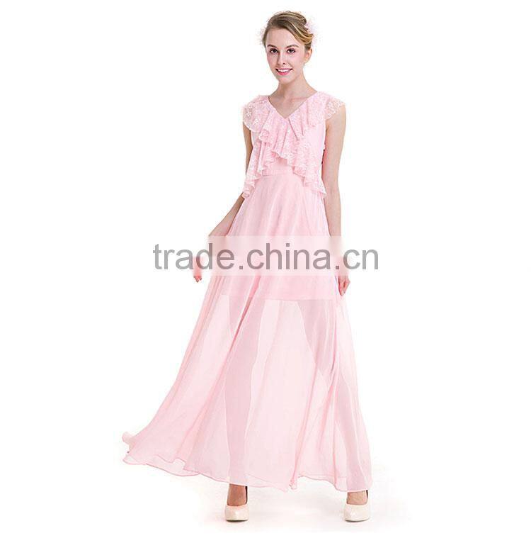 Maxnegio sexy long maxi pink color with ruffle neck evening dress for girls
