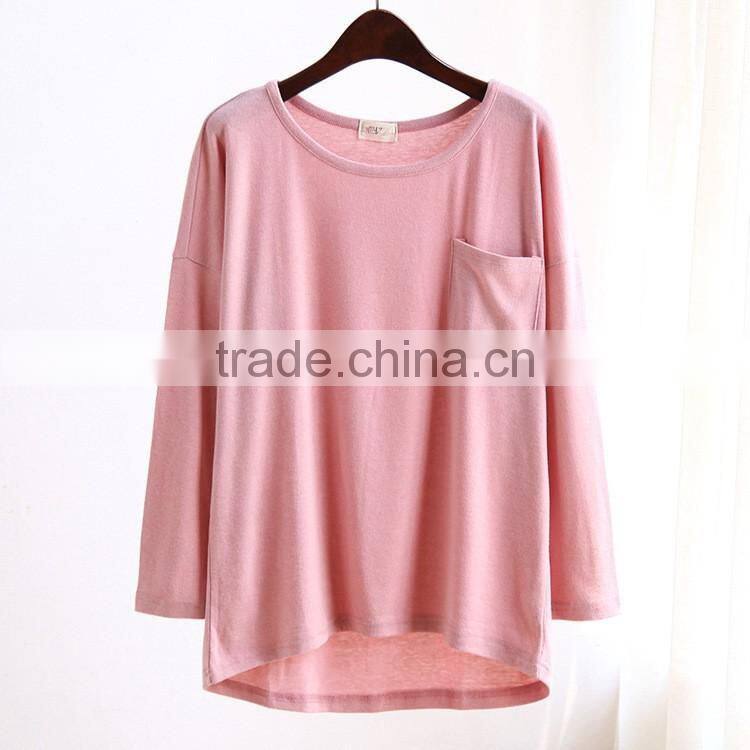 wholesale long sleeve casual women t-shirt with pocket