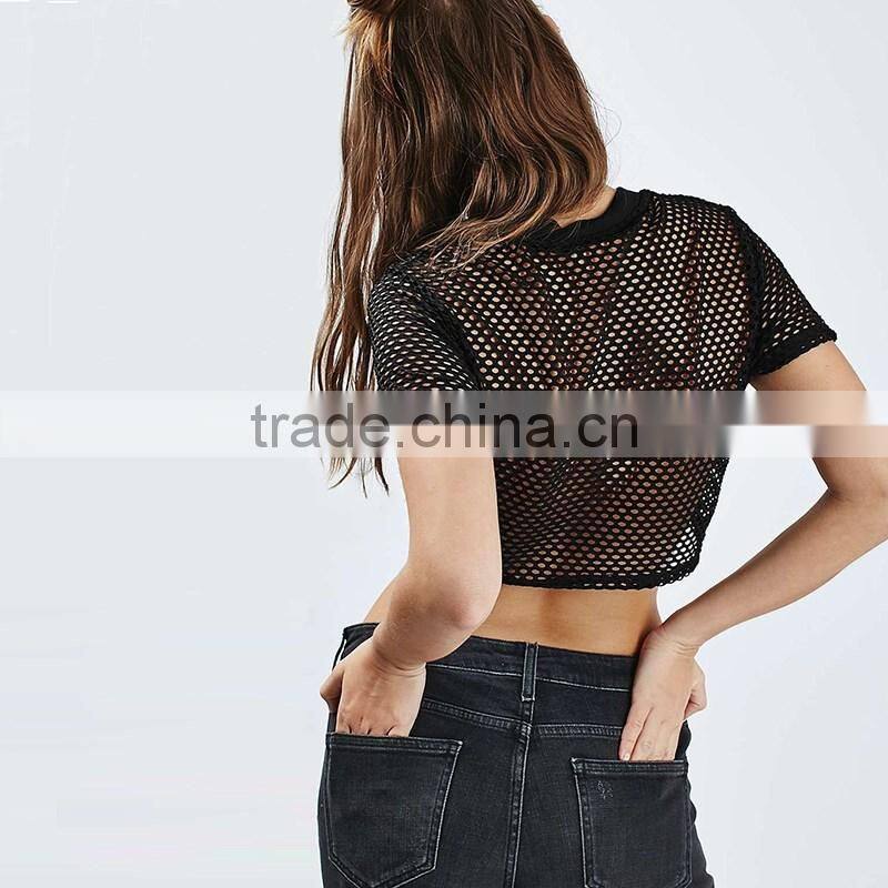 Fashion design women mesh crop top summer short sleeve sexy top woman
