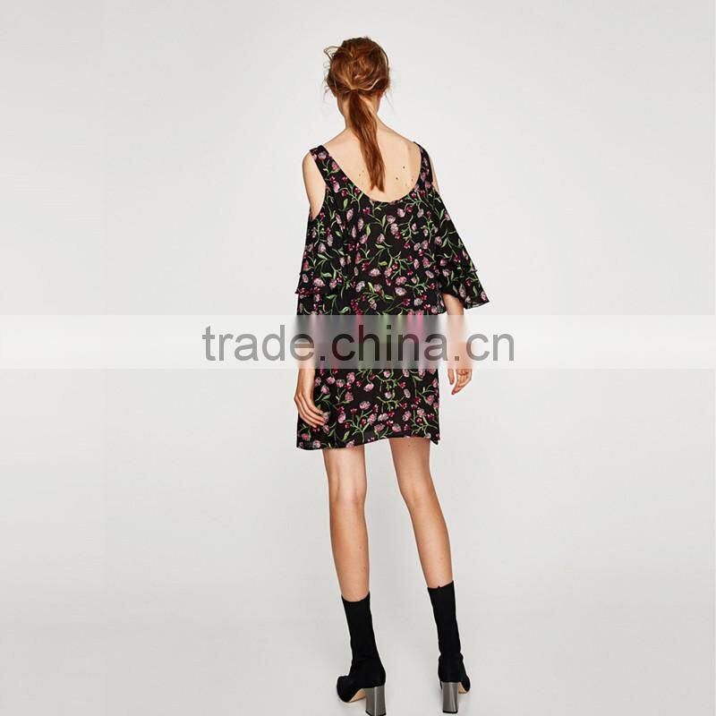 Black short sleeve floral print dress, women cold shoulder summer dress