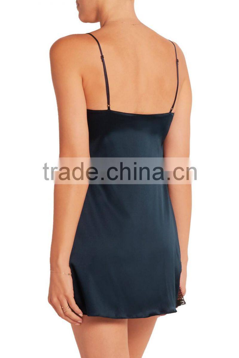 Midnight-Blue Stretch-Silk Satin Sexy Lingerie Sleepwear in Slim Fit for Women