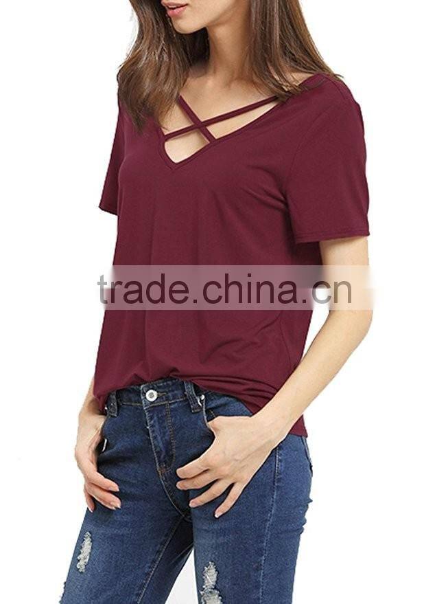 Women's Summer Tops Bandage V-Neck Casual Girls Tees T Shirt