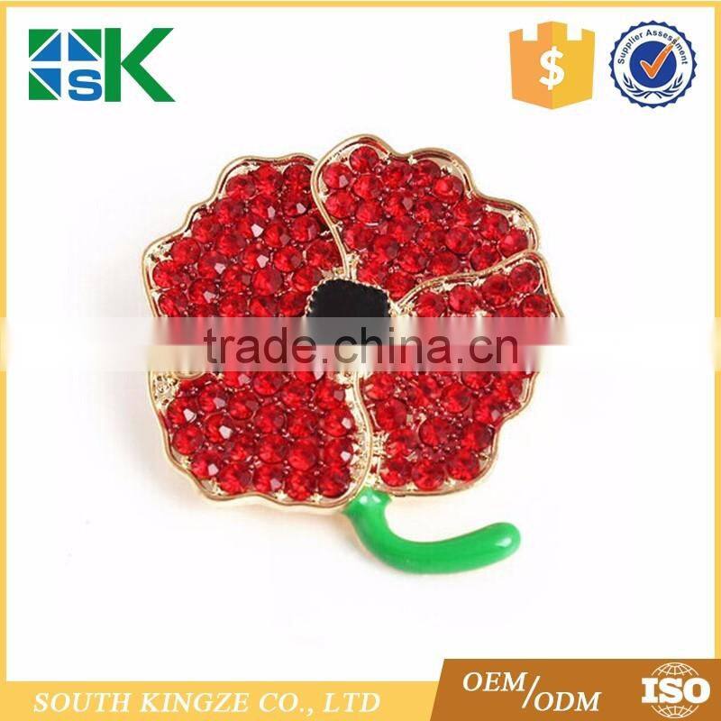 Red Poppy Flower Metal Remembrance Big Brooch Rhinestone Badge Pin Badge For Women Girl Men Boy