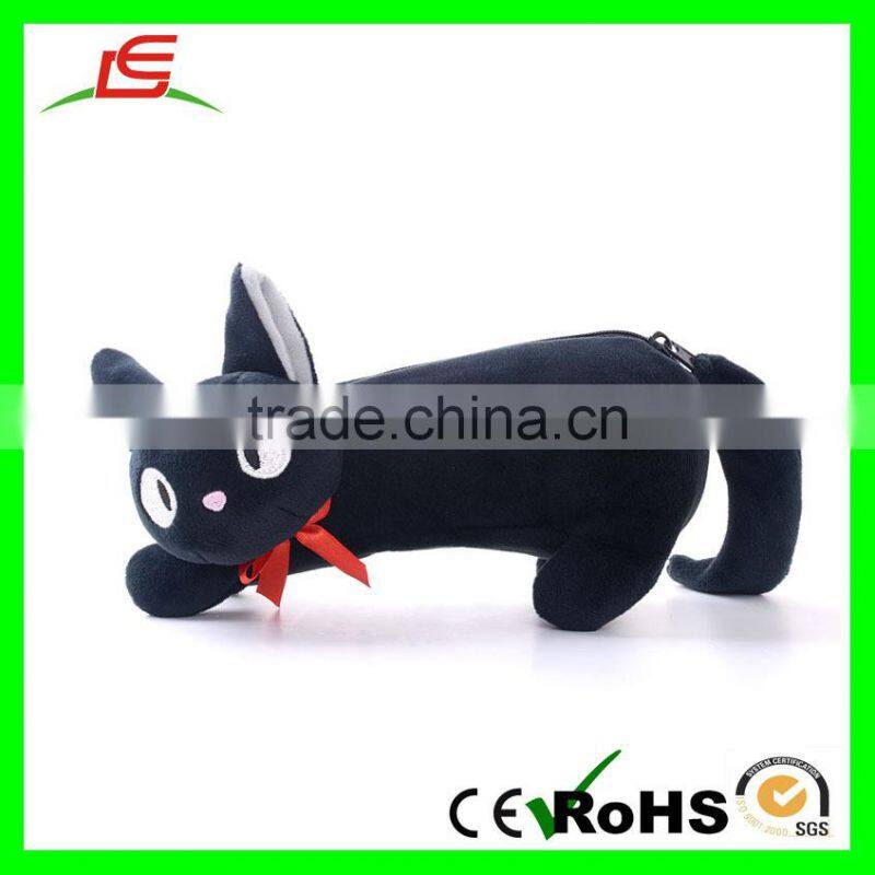 E477 Black Super Soft Velboa Cat with Bow Plush Pencil Case