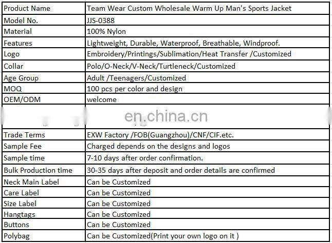 Team Wear Custom Wholesale Warm Up Man's Sports Jacket