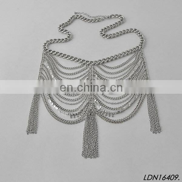 NEW WOMEN SILVER MULTI LAYERS TIE TUXIDO CHAINS WAVE METAL BODY JEWELRY