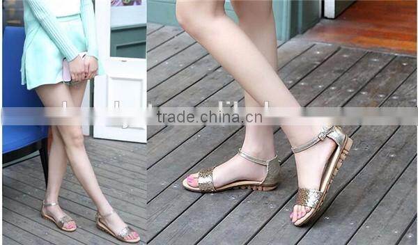 2016 new design shiny sequined pailette flat real leather sandals shoes for summer and beach with oxford sole