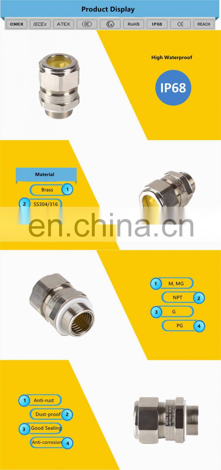 CE ATEX UL-approval Single Sealing Stuffing Explosion-Proof Nickel Plated e1w Cable Gland For Junction Box