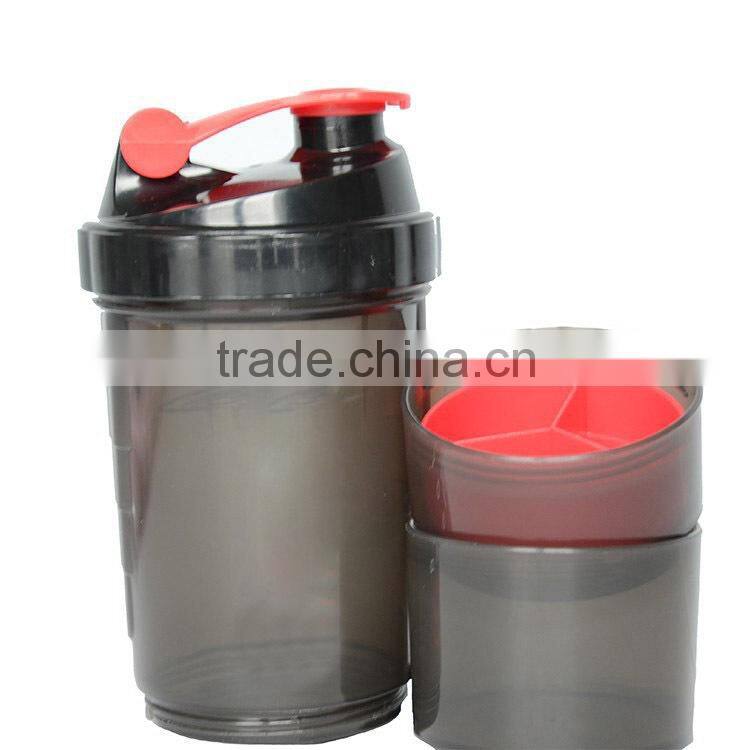 3 in 1 Sports Shake Bottle,BPA Free plastic Protein Powder Shake Bottles with Storage Compartment / Pill Box