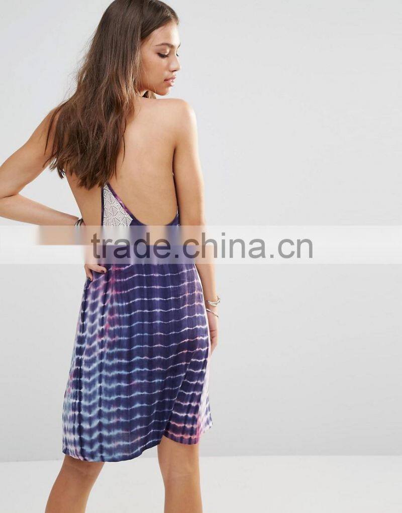 High Brand Quality Sexy Summer Bohe Tie Dye Women Slip Dress With Lace Inserts
