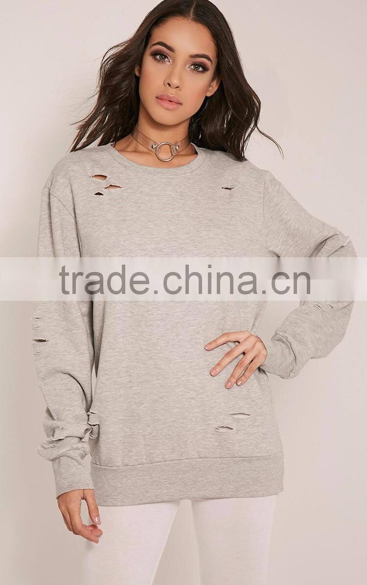 American style hoodies, Grey Ripped Oversized Sweatshirt, high quality cotton hoodies for women