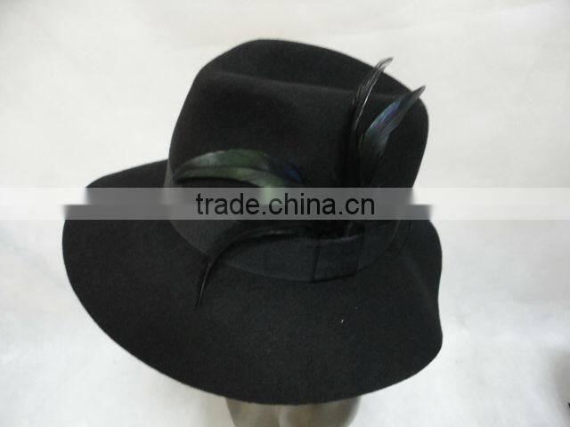 fashion 100% wool ladies' fedora feather hat
