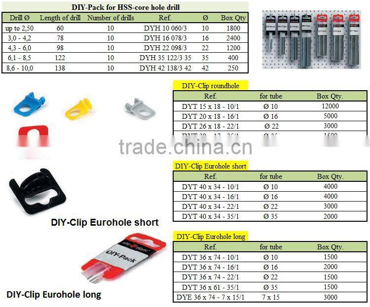 PP plastic round or rectangular packaging tubes for drills with hanging clip plug closure DIY pack