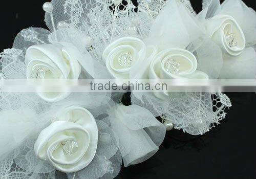 Bridal Handmade White Rose Satin Crystal Hair Comb CT1391