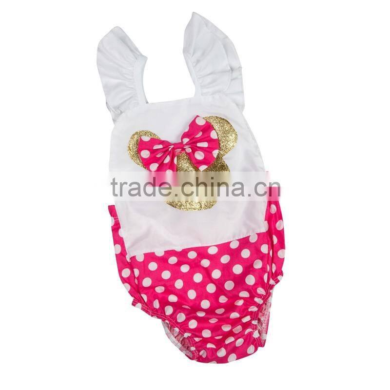 Wholesale baby girls summer clothes romper set with pom pom gold polka dots cotton onesie
