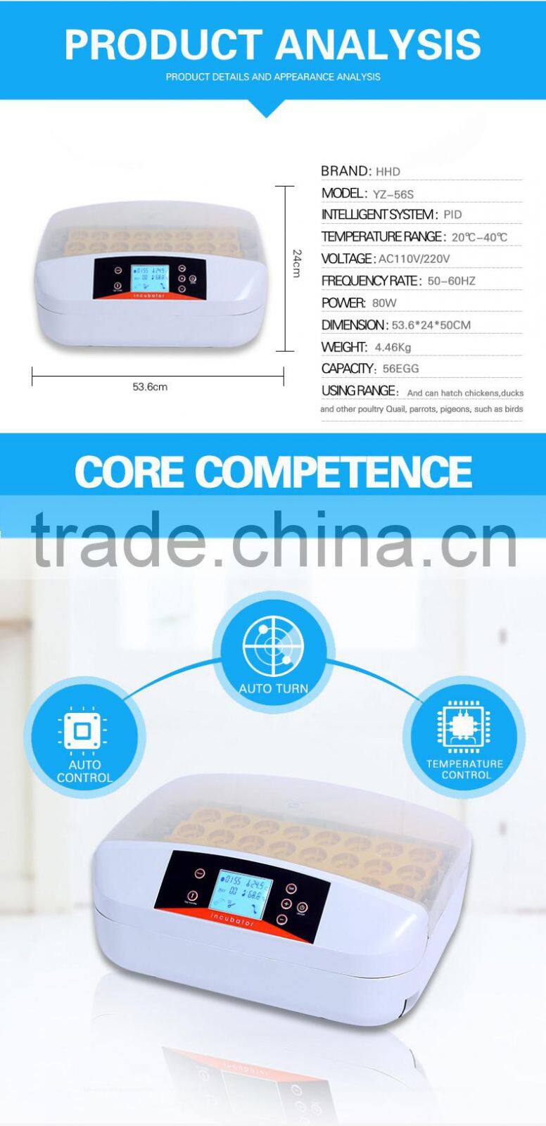 HHD Brand Auto Turning Chicken Egg Incubator Price in Dubai for Sale YZ-56S