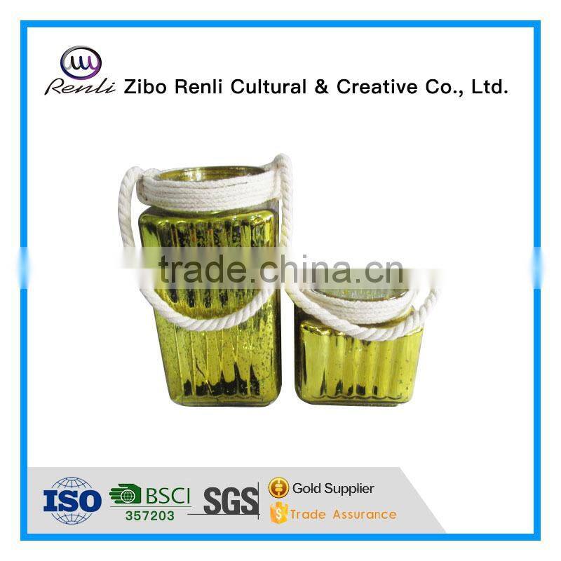 Big Electroplated Square Glass Jars for Candles with Rope Handle