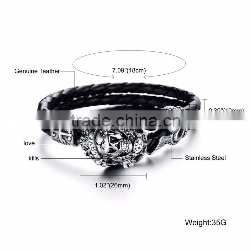 New trending skull style stainlesss steel genuine leather bracelet men