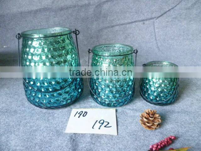 Decorative hanging blue mercury glass candle holder