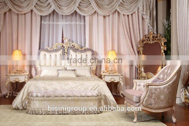 Luxurious Elegant Rococo Designed Carving White and Golden Tufted Crown Bed with Nightstand and Dressing Table BF12-05254f