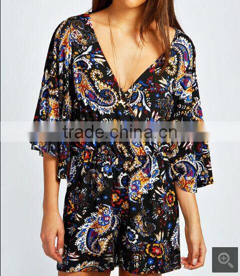2015 sexy womens deep V neck plus size open front African Print Kimono Sleeve loose Playsuit