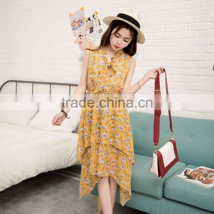 Floral print ruffles chiffon maxi dresses Strap v neck beach summer dress