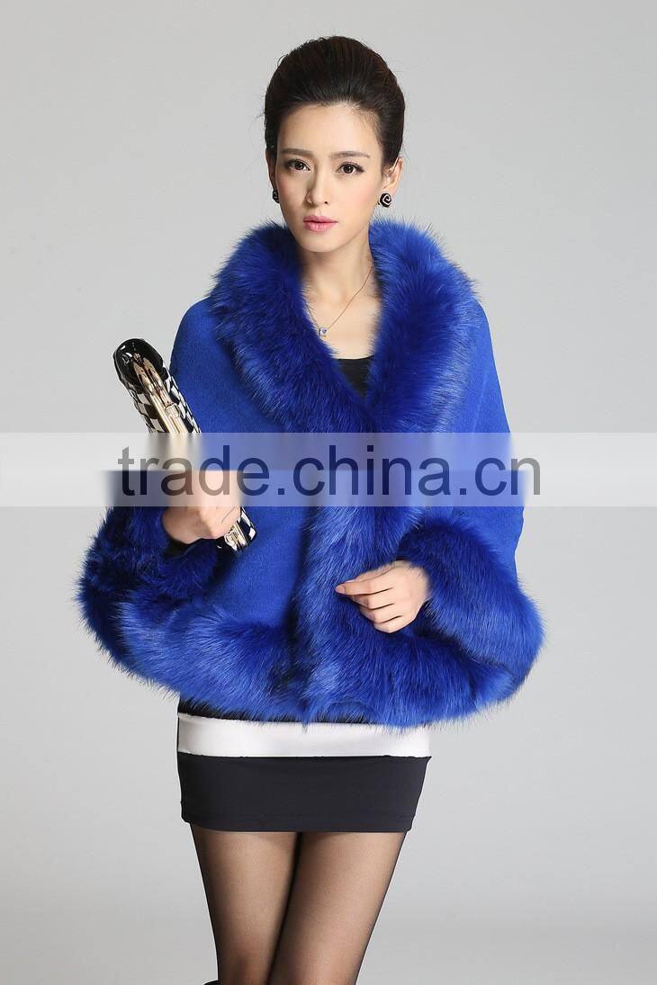 2015 winter fashion knitting with faux fox fur shawl woman cape