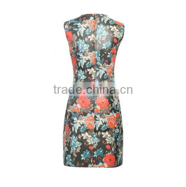 China supplier Women Woven Garment Factory ladies' sleeveless slim fit flora printed round-necked designer one piece party dress