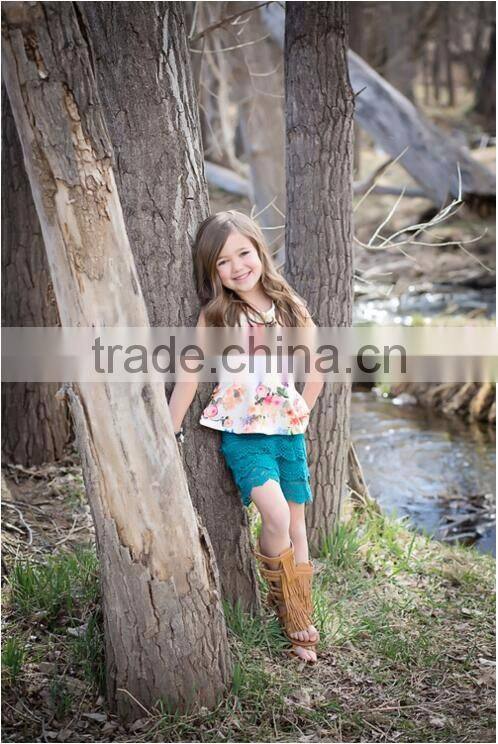 Fashion Design kids Clothing Girl's Soft Cotton Suits White Printed Shirt, Blue Ruffle Shorts